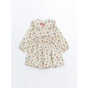 LCW Kids Ekru Uzun Kollu Baskılı Kız Çocuk  Elbise