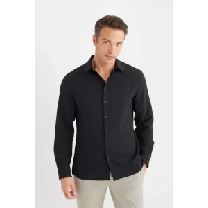 Defacto D7246 Siyah Modern Fit Polo Yaka Dokulu Esnek Kumaş Uzun Kollu Gömlek