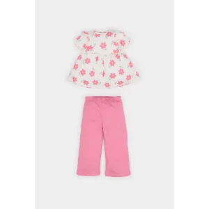 Defacto E8441 Ekru Kız Bebek 2li Takım Çiçekli Kısa Kollu Bluz Beli Lastikli Pantolon