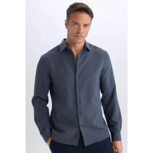 Defacto D7246 Gri Modern Fit Polo Yaka Dokuma Uzun Kollu Gömlek