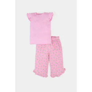 Defacto E7798 Pembe Kız Bebek Krinkıl Viskon 2li Takım Kısa Kollu Tişört Beli Lastikli Çiçekli Pantolon