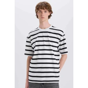 Defacto E1160 Ekru %100 Pamuk Boxy Fit Bisiklet Yaka Çizgili Kısa Kollu Tişört