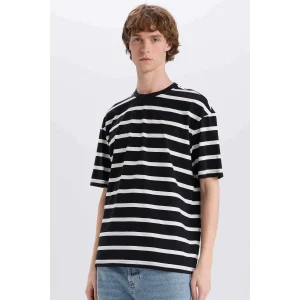 Defacto E1160 Siyah %100 Pamuk Boxy Fit Bisiklet Yaka Çizgili Kısa Kollu Tişört