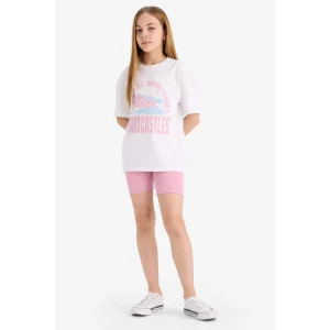 Defacto E5694 Pembe Kız Çocuk 2li Takım Baskılı Kısa Kollu Tişört Biker Tayt