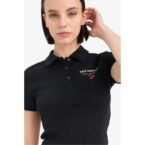 Defacto D1095 Siyah Coool Fitted Polo Yaka Baskılı Ribana Kısa Kollu Siyah Tişört