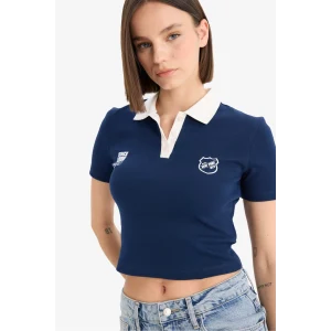 Defacto E7838 Lacivert Coool Fitted Polo Yaka Baskılı Ribana Kısa Kollu Tişört