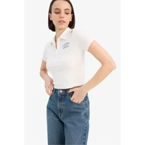 Defacto D1095 Beyaz Coool Fitted Baskılı Ribana Kısa Kollu Polo Beyaz Tişört