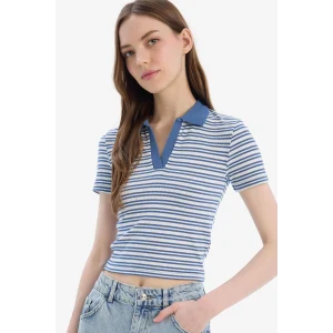Defacto E7907 İndigo Fitted Polo Yaka Çizgili Fitilli Kaşkorse Kısa Kollu Tişört