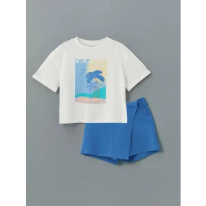 LCW Kids EKRU Bisiklet Yaka Kız Çocuk Tişört ve Şort Etek