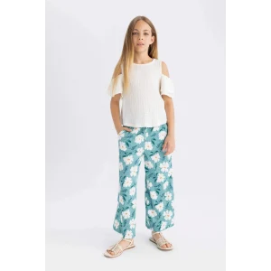 Defacto C5373 Yeşil Kız Çocuk Wide Leg Geniş Bol Paça Çiçekli Beli Lastikli Bürümcük Pantolon