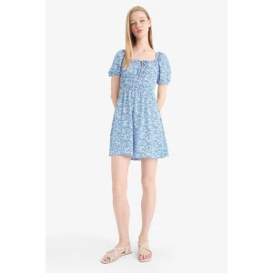 Defacto E0874 Mavi Coool Kare Yaka Çiçekli Bürümcük Kısa Kollu Mini Yazlık Elbise