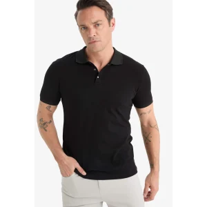 Defacto T5259 Siyah Slim Fit Dar Kesim Kısa Kollu Dokulu Basic Düz Siyah Polo Tişört
