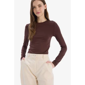 Defacto D0199 Kahve Fitted Bisiklet Yaka Basic Düz Uzun Kollu Tişört