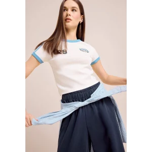 Defacto E0334 Beyaz Coool Fitted Baskılı Ribana Kısa Kollu Tişört