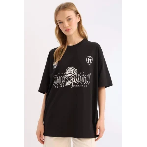 Defacto E4380 Siyah Coool Oversize Geniş Kalıp Bisiklet Yaka Kısa Kollu Tişört