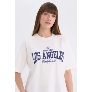 Defacto E5055 Ekru Oversize Geniş Kalıp Bisiklet Yaka Baskılı Kısa Kollu Tişört