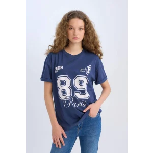 Defacto D9611 İndigo Oversize Geniş Kalıp Bisiklet Yaka Baskılı Kısa Kollu Tişört