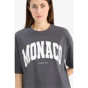 Defacto E2794 Antrasit Oversize Geniş Kalıp Bisiklet Yaka Baskılı Penye Kısa Kollu Tişört