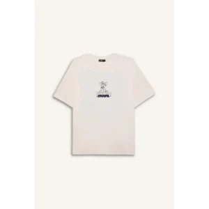 Defacto E4683 Beyaz Coool Oversize Geniş Kalıp Bisiklet Yaka Baskılı Kısa Kollu Beyaz Tişört