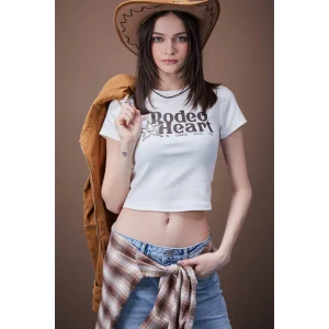 Defacto E4684 Beyaz Coool Fitted Bisiklet Yaka Baskılı Ribana Crop Kısa Kollu Tişört