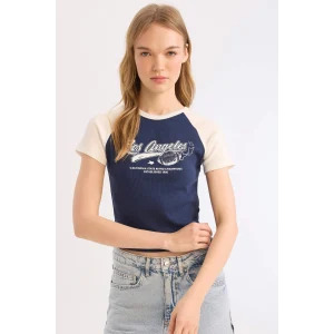 Defacto E0656 Lacivert Coool Fitted Bisiklet Yaka Baskılı Fitilli Kaşkorse Kısa Kollu Tişört