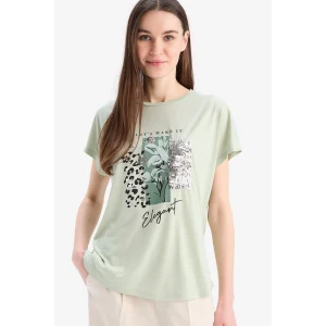 Defacto D8926 Yeşil  Bisiklet Yaka Baskılı Yarasa Kollu Tişört