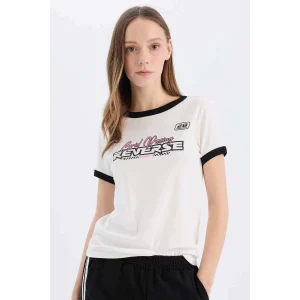 Defacto E4378 Beyaz Coool Regular Fit Bisiklet Yaka Baskılı Ribana Kısa Kollu Tişört