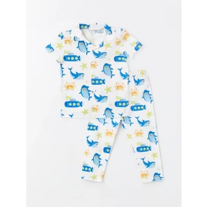 LCW baby Ekru Polo Yaka Kısa Kollu  Baskılı Erkek Bebek Pijama Takımı