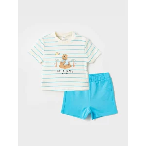 LCW baby Ekru Bisiklet Yaka Kısa Kollu Çizgili Erkek Bebek Tişört ve Şort 2li Takım