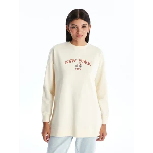 LCW Modest Bej Bisiklet Yaka Nakışlı Kadın Sweatshirt Tunik