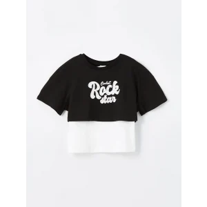 LCW Kids Siyah Bisiklet Yaka Baskılı Kısa Kollu Kız Çocuk Crop Tişört ve Atlet