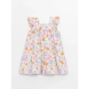 LCW Kids Ekru Kare Yaka Kız Bebek Poplin Elbise