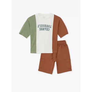LCW Kids Kahverengi Bisiklet Yaka Kısa Kollu Baskılı Erkek Bebek Tişört ve Şort 2li Takım