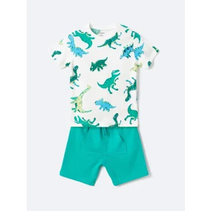 LCW Kids Ekru Bisiklet Yaka Kısa Kollu Baskılı Erkek Bebek Tişört ve Şort 2li Takım