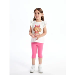 LCW Kids Ekru Bisiklet Yaka Baskılı Kız Bebek Bluz ve Tayt 2li