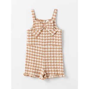 LCW Kids Kahverengi Kare Yaka Askılı Ekose Desenli Kız Bebek Salopet