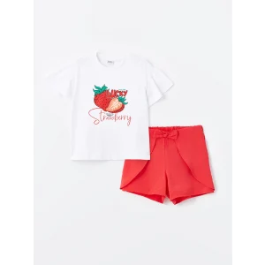 LCW Kids Beyaz Bisiklet Yaka Baskılı Kısa Kollu Kız Çocuk Tişört ve Şort