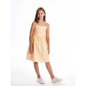 LCW Kids Sari Kare Yaka Baskılı Kız Çocuk Elbise