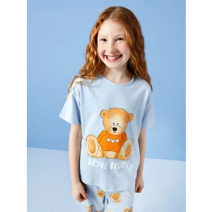 LCW Kids Mavi Bisiklet Yaka Baskılı Kısa Kollu Kız Çocuk Pijama Takımı