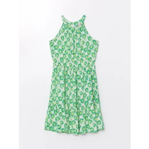 LCW Kids Ekru Halter Yaka Çiçekli Kız Çocuk Elbise