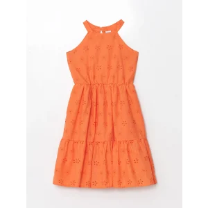 LCW Kids Turuncu Halter Yaka Fisto Detaylı Kız Çocuk Elbise