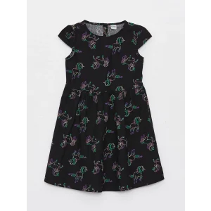 LCW Kids Siyah Bisiklet Yaka Desenli Kısa Kollu Kız Çocuk Elbise