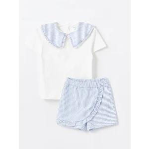 LCW Kids Ekru Bebe Yaka Çizgili Kız Bebek Bluz ve Şort Etek 2li Takım