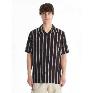 XSIDE Siyah Regular Fit Kısa Kollu Çizgili Poplin Erkek Gömlek