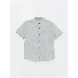 LCW Kids Yeşil Hakim Yaka Çizgili Kısa Kollu Erkek Çocuk Gömlek