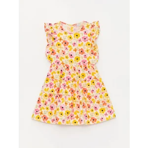 LCW Kids Ekru Bisiklet Yaka Çiçekli Kız Çocuk Elbise