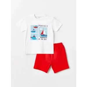 LCW Kids Beyaz Bisiklet Yaka Baskılı Erkek Bebek Tişört ve Şort 2li Takım