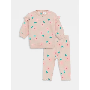 LCW baby Pembe Bisiklet Yaka Uzun Kollu Baskılı Kız Bebek Sweatshirt ve Tayt 2li Takım