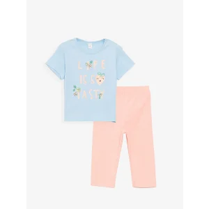LCW Kids Mavi Bisiklet Yaka Kısa Kollu Baskılı Kız Bebek Tişört ve Tayt 2li Takım