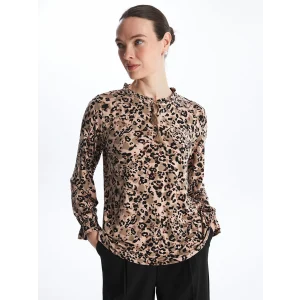 LCW Grace Kahverengi Bağlamalı Yaka Desenli Uzun Kollu Kadın Bluz